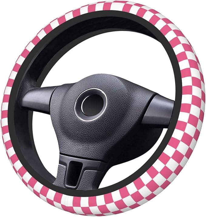 Pink Checkered Steering Wheel Cover for Women,Universal Auto Steering Wheel 14-15 Inch Car Interior Accessories with 2PCS Car Coasters,Suitable for Men and Women