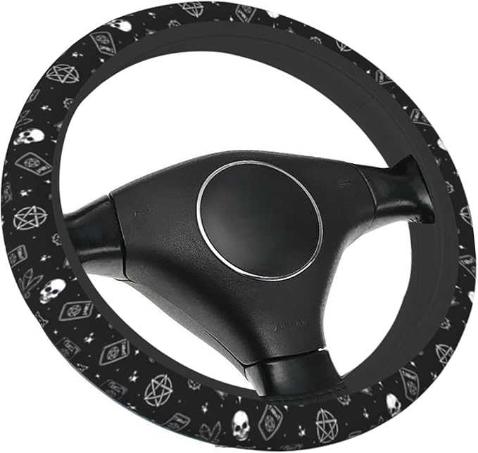 Gothic Skull Cat Steering Wheel Cover for Women, Cute Breathable Anti Slip Stretch Neoprene Car Protector Accessories Universal 15 Inch-Black (Tarot, Spell Book)