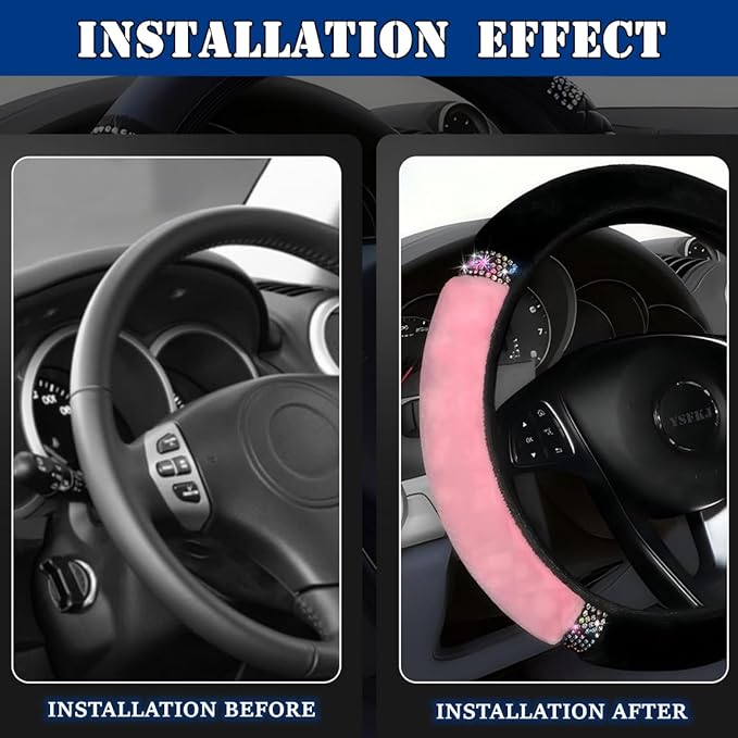 Fluffy Steering Wheel Cover, Universal 15 Inch Colorful Rhinestones Car Steering Wheel Cover, Sparkly Crystal Diamond Steering Wheel Protector for Women Girls,Pink