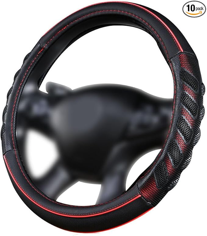Flying Banner car Steering Wheel Cover Faux Leather Massage Universal fit 3D Honeycomb Hole Anti-Slip Sporty 15 Inches (Red Black)