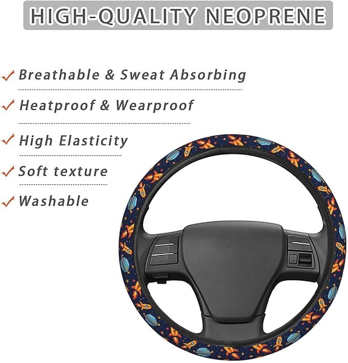 Rockets Planets Space Steering Wheel Covers Anti-Slip Elasticity Car Accessories Steering Wheel Protector Universal 15 Inch for Cars SUV Vehicle Truck