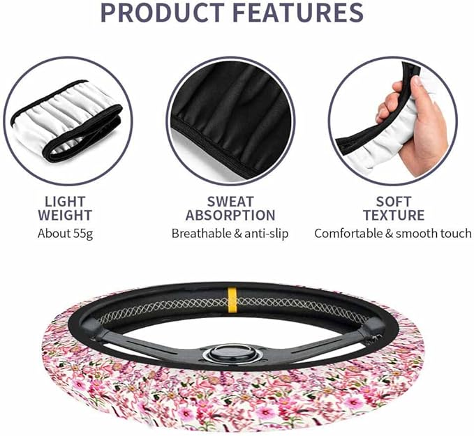 Pink Roses Elastic Steering Wheel Cover Many Kinds of Blooming Tropical Flowers Steering Wheel Cover Anti Slip Protective Case Universal Stretch Steering Protector