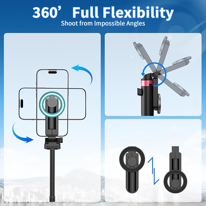 57" Phone Tripod Stand with Remote, Strong Magnetic Selfie Stick for iPhone Android, Portable Travel Tripod for Video Recording Vlog (Black)
