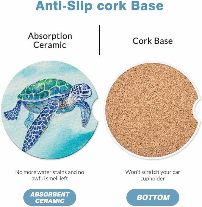 Sea Turtle Car Coasters for Cup Holders Ocean Wildlife Animals Car Cup Holder Coasters 2 Pack for Car, Anti Slip Ceramic Car Cup Mat with Finger Notch Cute Car Interior Accessories for Women Men