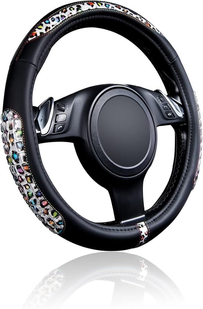 Flying Banner car Steering Wheel Cover Gel Massage Velvet Cool Warm Universal Size 15 inches SUV Truck Anti Slip Odorless Summer Winter (Black Leopard, Gel Massage)