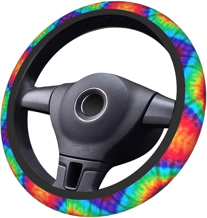 Tie Dye Steering Wheel Cover with 2 Car Coasters Non Slip Neoprene for Women Men Universal 15 Inch