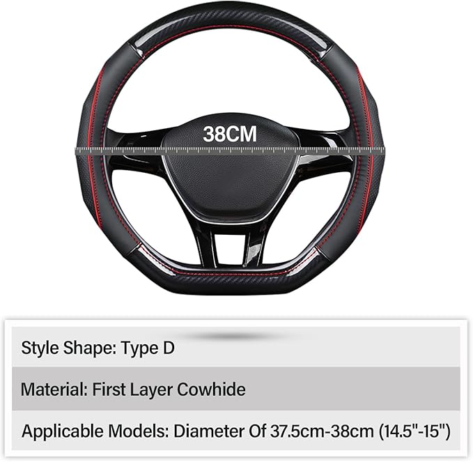 Ergocar Car Steering Wheel Cover Non-Slip Car Steering Wheel Protector Sport D-Shape Carbon Fiber & First Layer Cowhide Universal for Diameter 38cm(15") (D-Black-red)