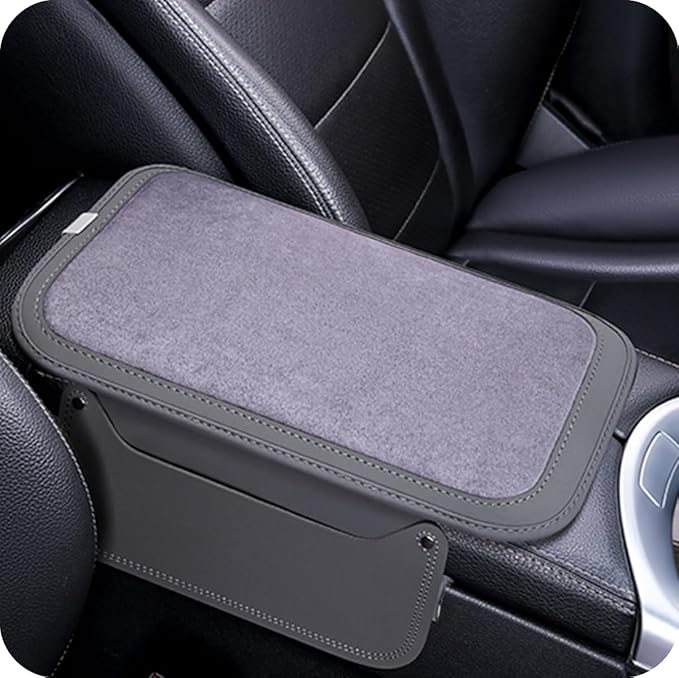 Arm Rest Cover for Car with 2 Storage Bags, Central Console Cover Armrest Pad, Suede Leather, Auto Interior Accessories for Most Vehicles, All-Season Comfort, Gray