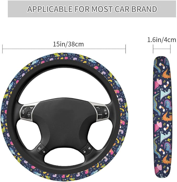 Swono Dinosaurs Cute Steering Wheel Cover Universal 15 Inch Cartoon Cute Dinosaurs with Rainbow Neoprene Car Steering Wheel Covers Stretchy Car Accessories for Women