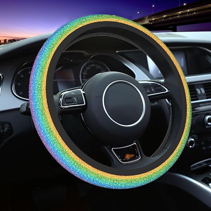 Swono Steering Wheel Covers Rainbow Glitter Shining Colorful Rainbow Gradient Sparkle Glitter Non Slip Neoprene Car Wrap Cover Comfort Grip Stretch-On Automotive Steering Wheel Protector 15 Inch