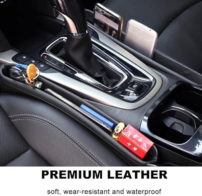 Tumecos Car Seat Pockets PU Leather Car Console Side Organizer Seat Catcher Holders Compatible with Phone Key Wallet Phone Sunglasses 2 Pack (Beige)