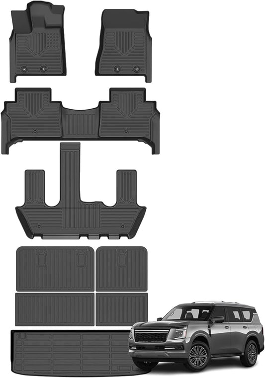 Floor Mats & Cargo Liner for Nissan Armada/Infiniti QX80 2025 7 Seats with Backrest Mat, All Weather Automotive TPE Floor Liners Set Anti-Slip Waterproof Accessories Black