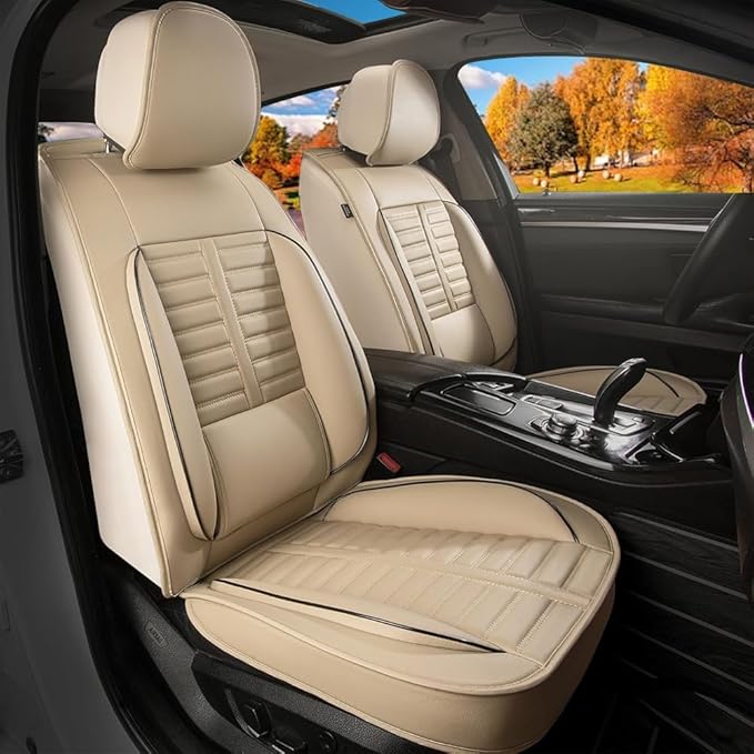 Seat Covers Fit for Toyota Highlander:2008-2025 Full Set with Lumbar Support Airbag Compatible Premium Faux Leather Waterproof Car Seat Cushion (5 Seats Beige)