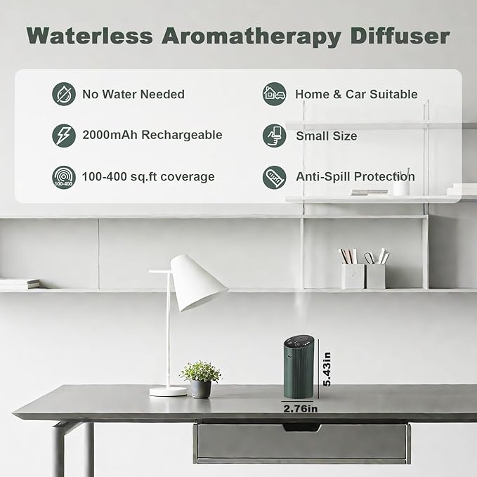 Waterless Essential Oil Diffuser with 4 Timer (1/3/6H & Off) & 3 Mist(L/M/H), Air Scent Diffuser for Home Car Office, Rechargeable Aromatherapy Diffuser, Portable Mini Aroma Diffuser, Dark Green