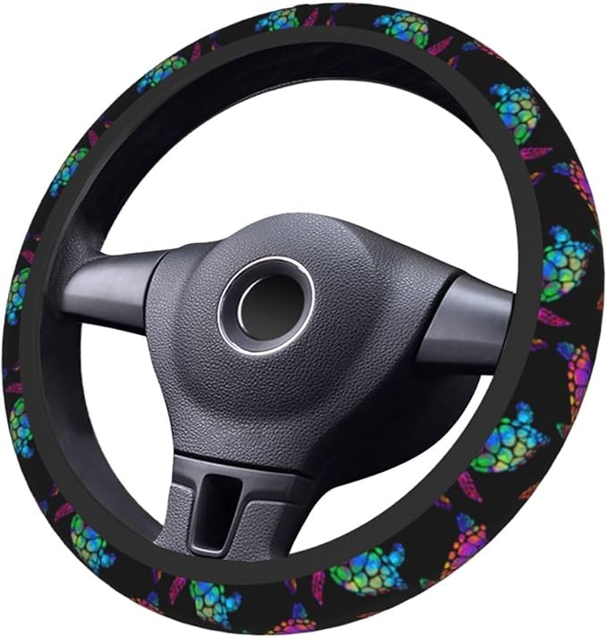 Sea Turtle Steering Wheel Cover with 2 Car Coasters Non Slip Neoprene for Women Men Universal 15 Inch