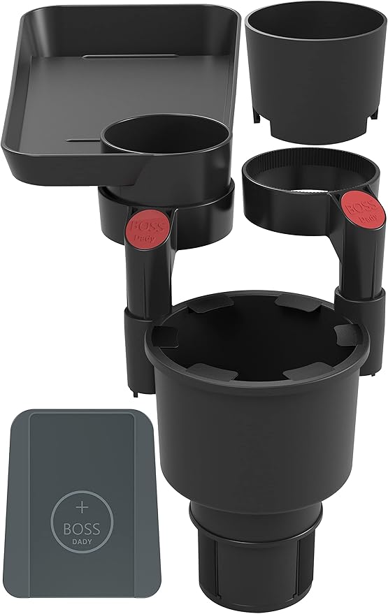 Triple Car Cup Holder Expander Attachable Tray with Adjustable Base and Large Bottles