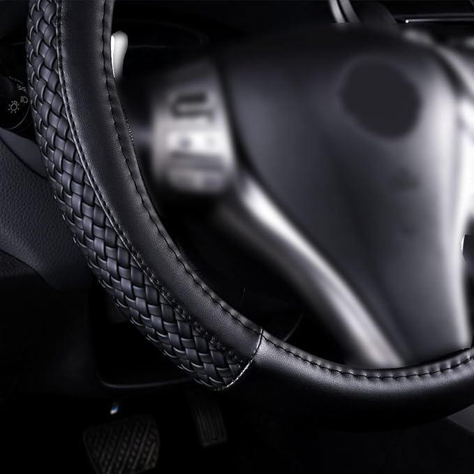 Flying Banner car Steering Wheel Cover Faux Leather Massage Universal fit 3D Honeycomb Hole Anti-Slip Sporty 15 Inches (Sliod Black Woven)