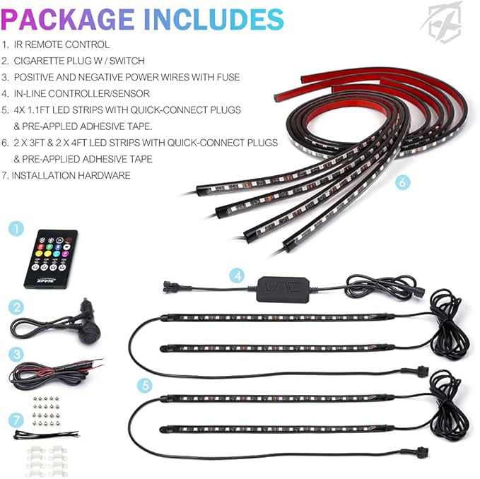 Xprite 8Pcs Car RGB LED Strip Lights, Exterior Underglow & Interior Bluetooth Lights Kit, APP Control & Wireless Remote, Music Sync, Underbody Inside Neon Ambient Lighting Strips for Cars SUV Truck