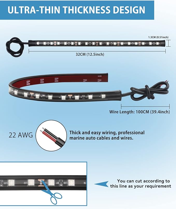 12V Led Light Strip 32CM Waterproof Ice Blue Led Strip Lights for Cars Motorcycles Golf Cart Interior & Exterior Marine Boat 5050 18SMD,Pack of 4