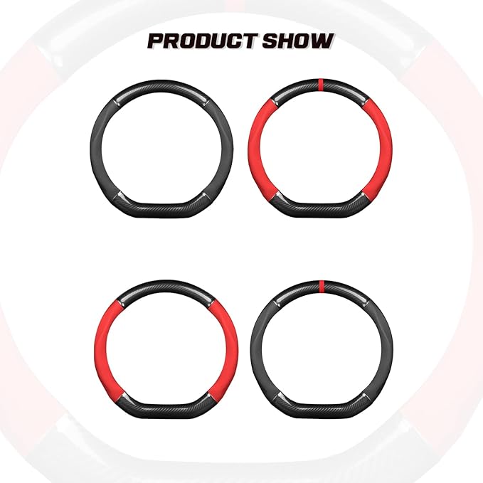Ergocar Car Steering Wheel Cover Non-Slip Car Steering Wheel Protector Sport D-Shape Carbon Fiber & PU Leather Universal for Diameter 38cm(15") (Black-red-Stripe-U)