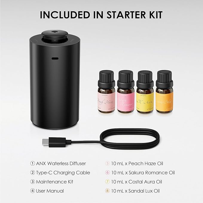 Airversa Waterless Essential Oil Diffuser Starter Kit with 4 x 10mL Fragrance Scent Oil, Battery Operated Mini Scent Air Machine Portable Diffuser for Home Car Office, ANX Black Kit01