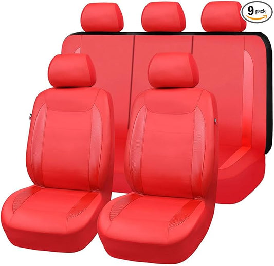 Flying Banner car seat Covers Protects Water Proof Faux Leather Carbon Fiber Fronts Rear Bench Covers (Red Red, Full Set - 8PCS)