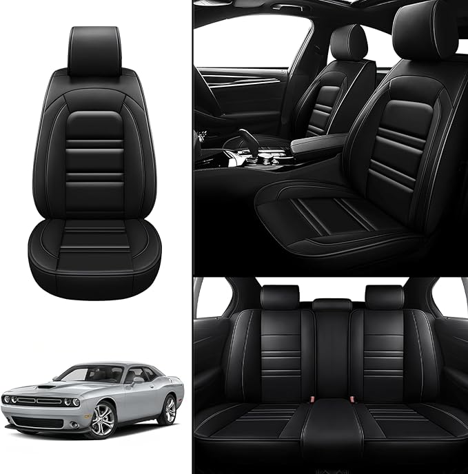 Seat Covers for Dodge Challenger 2008-2023 | 5-Seats Leather Seat Covers, Easy to Install Automotive Seat Covers Full Set (Full Set, Black)