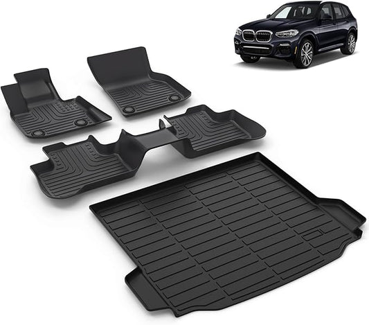 All Weather Car Floor Mats & Cargo Liner Set Fit for BMW X3 (Only Fit Models with X3 Spare Tire) 2018-2024 Floor Liners Trunk Liner X3 Cargo Mat Accessories Black