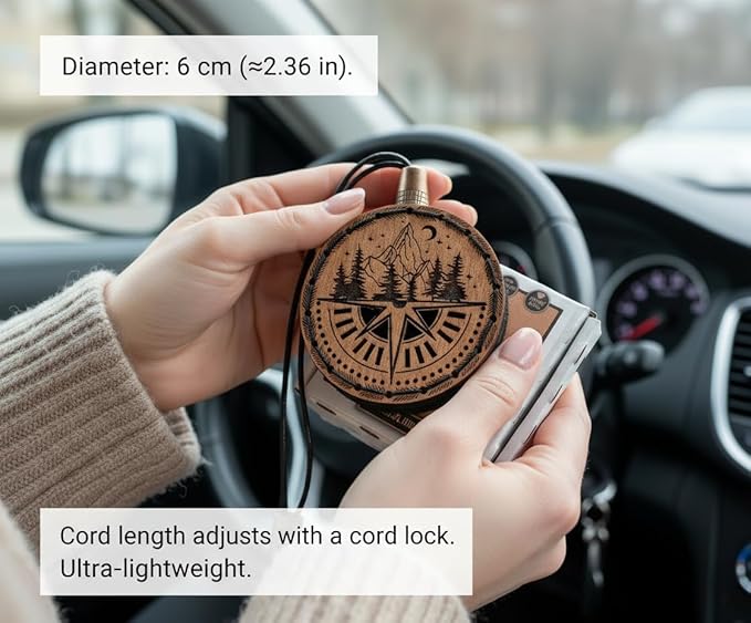 Wood Car Air Freshener — Handmade Car Air Freshener — Compass Mountains Designed Fragrance Oil Diffuser in Wooden Gift Box — Aromatherapy Set with diAquatoria Fragrance Oil - 10 ml