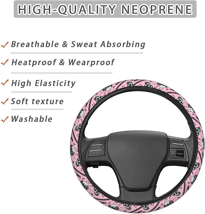 Rock Roll Skull Love Music Steering Wheel Covers Anti-Slip Elasticity Car Accessories Steering Wheel Protector Universal 15 Inch for Cars SUV Vehicle Truck