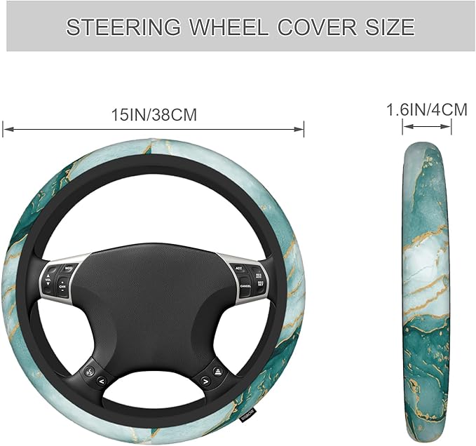 Green Marble Steering Wheel Covers Women Men Turquoise Marble Abstract Sea Wave Universal Steering Wheel Cover for Trucks Auto Vans Car Wheel Cover 15 Inch