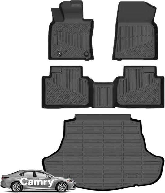 Wayhigh-for Toyota Camry Hybrid 2018-2024 (Only fit Hybrid) All Weather Floor Mats and Cargo Liner Set TPE Car Mats Waterproof Anti-Slip Rubber Trunk Liner Camry Accessories