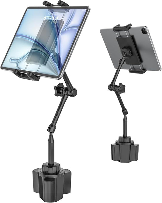 Heavy Duty Cup Holder Tablet Mount wiht Adjustment Metal Arm, iPad Cup Holder Mount for Suvs, Trucks, Compatible with iPad Pro Air Mini, iPhone, Galaxy Z Fold, 4-13" Devices