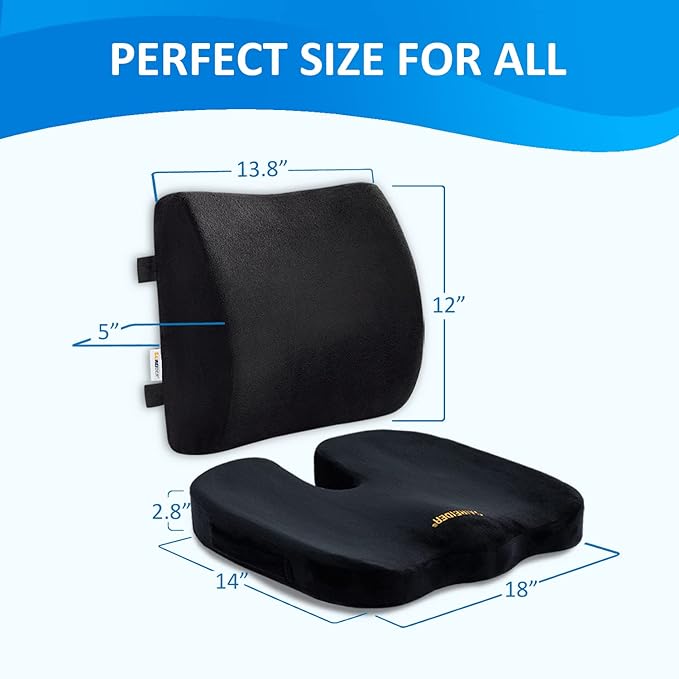 SAIREIDER Seat Cushion and Lumbar Support Pillow for Office Chair, Memory Foam Car Seat Cushions Back Support Pillows, Help Relieve Pain of Back, Lumbar, Tailbone and Sciatic Nerve（Black）