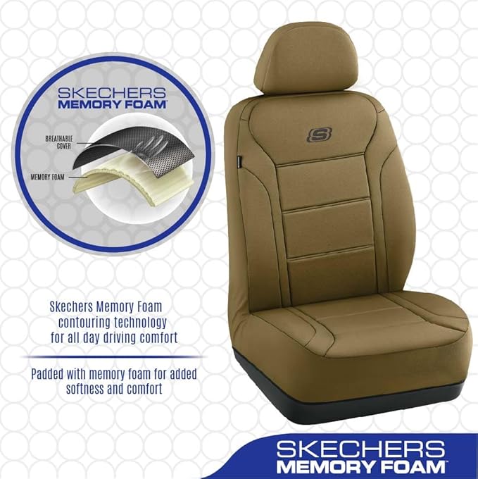 Skechers Memory Foam Car Seat Covers,Lycra Fabric Seat Covers, Car Seat Covers Front Seats Airbag Compatible, Automotive Comfort Protection for Most Cars,Trucks, SUVs(Brown)