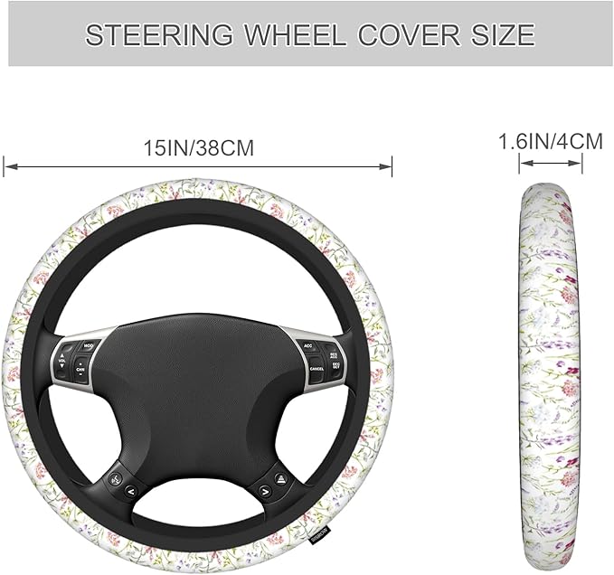 Pink Purple Flower Steering Wheel Covers - 15 Inch Lavender Blooming Herb Floral Car Wheel Cover Protective Cover