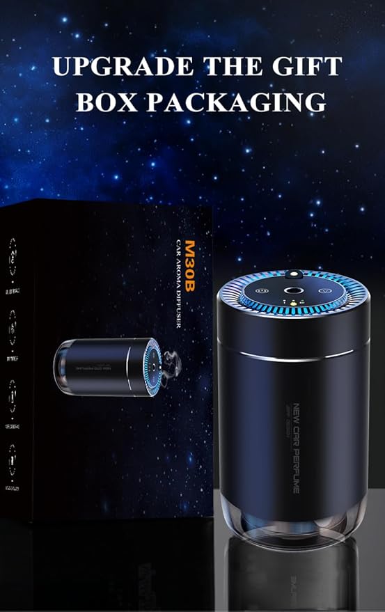 Waterless Smart Car Aroma Diffuser with Starry Sky Projection,7-Color Ambient Light, 3 Mode Adjustable Rechargeable Car Air Freshener with 80ml Empty Bottle,Auto On/Off Intelligent(Black, M308)