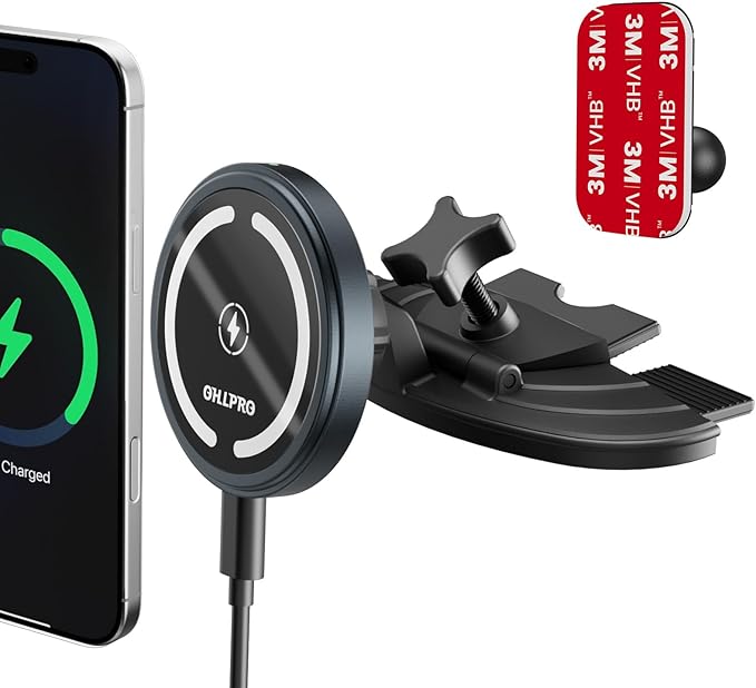 OHLPRO for 15W MagSafe Car Mount Charger for iPhone 17, Fast Wireless Charging, Magnetic CD Slot Holder with 3M Adhesive Base for Dashboard, Aluminum Shell, Compatible with iPhone 16 15 14 13 Series