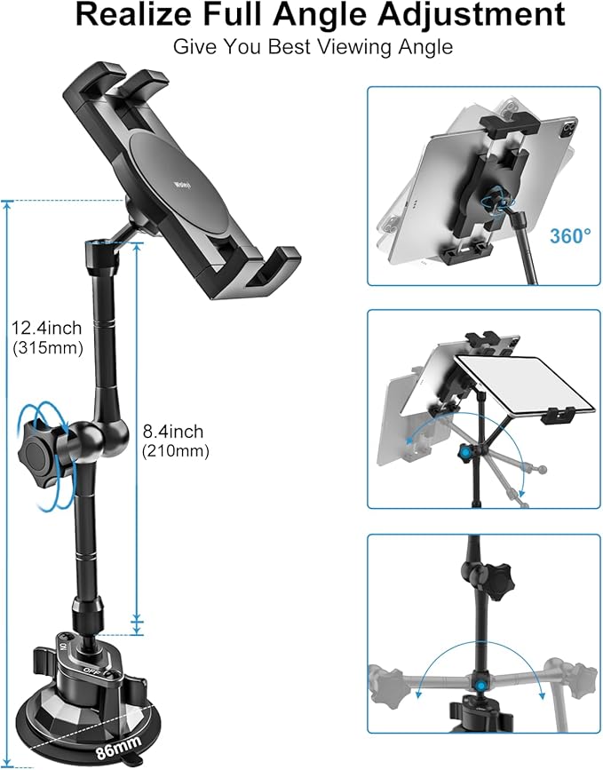 woleyi Heavy Duty Truck Tablet Mount [Metal Arm] Dashboard Windshield Suction Cup Tablet Holder for Trucks/Vehicles, Compatible with iPad Pro Air Mini, Galaxy Tab, Z Fold, Cell Phones, 4.7-13" Devices