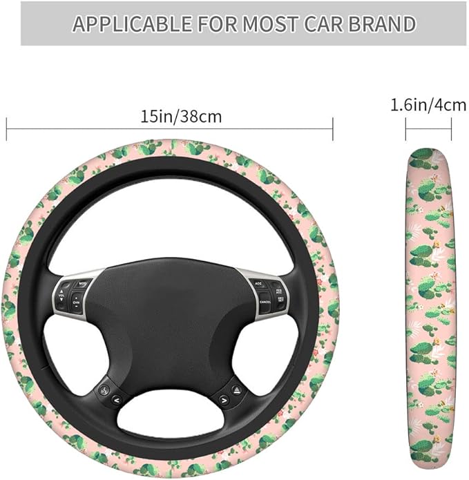 Swono Green Cactus Steering Wheel Cover Cute Prickly Pear Cactus Print Pattern On Pink Universal 15 Inch Auto Car Steering Wheel Covers SUV Anti Slip Wheel Wrap Protector for Men Women