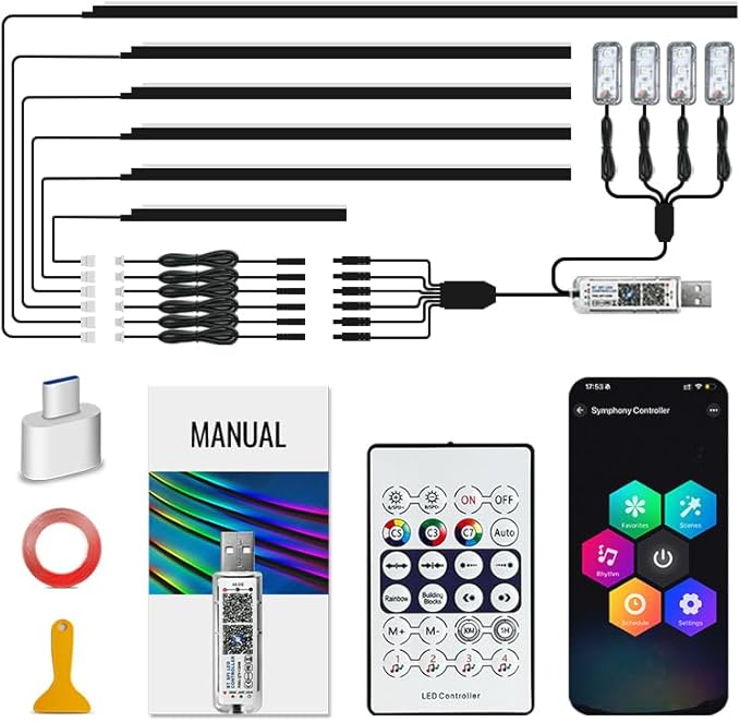 Acrylic Car Led Lights Interior, Universal RGB Ambient Lighting Car Kit,175 inch Neon Flexible Fiber Optic Led Strip Music Sync Lights,10 in 1 USB Power Dash Footwell DIY Mode