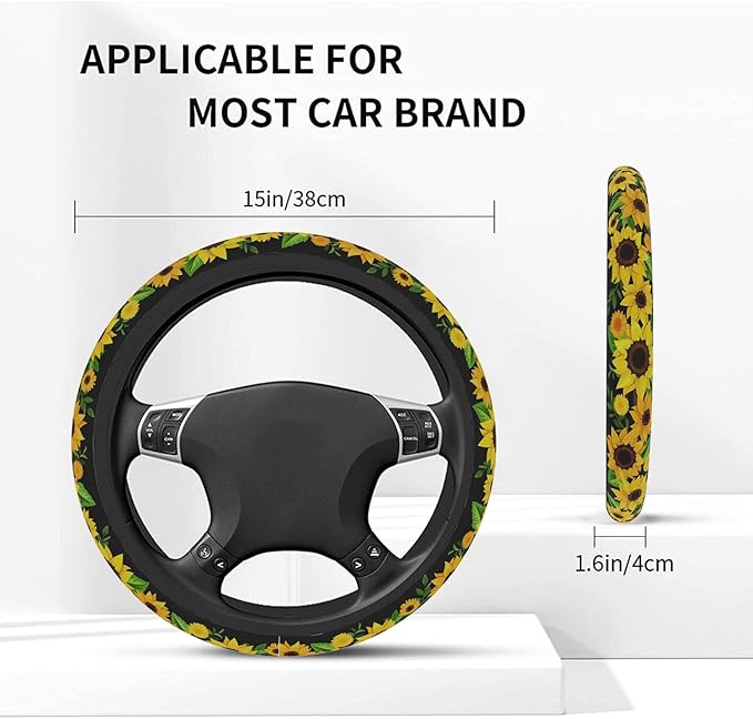 Steering Wheel Cover, Sunflowers Steering Wheel Cover for Women Men Anti-Slip Breathable and Sweat Absorption Universal 15 Inch Steering Wheel Protector Sunflowers Car Accessories