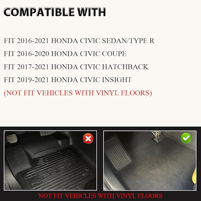 ANDPLAY TPE Floor Mats Liners Compatible with Honda Civic Sedan 4-Door 2016-2021/ Honda Civic Hatchback 4-Door 2016-2021 All Weather Protection Black Floor Liners alfombras para carro