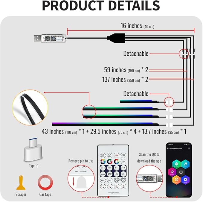 Acrylic Ambient Lighting Car Interior Kit, 4 in 1 Dream Color Acrylic Led Strips Fiber Optic Lights with APP, 116 inches USB Flexible Neon Music Sync 16 Million Colors Dashboard Decorations