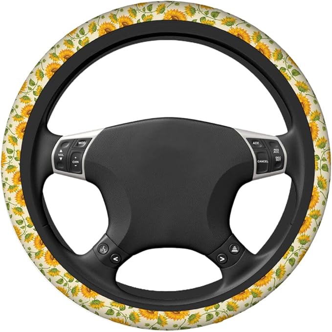Swono Steering Wheel Cover for Men Women Sunflower Vintage Sunflower and Green Leaves Yellow Universal 15 Inch Anti-Slip Odorless Breathable Car Wheel Protector