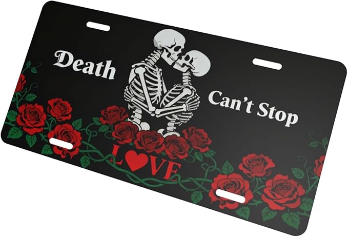 Valentine's Day Skull Rose Love Front License Plate Car Decorative License Plates Aluminum Metal Decor Accessory Novelty Vanity Tag Cover with 4 Holes for Men Women 6" X 12"