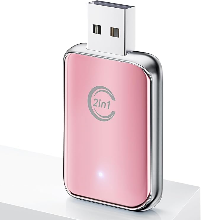 Wireless Carplay Adapter for iPhone, Convert Wired Carplay to Wireless, 2 in 1 Plug and Play Android Auto and Carplay Adapter for iOS 10 Android 11 and Above, Cars with Built-in Carplay (Pink)