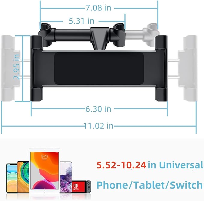 360Adjustable iPad Car Tablet Holder - Back Seat for Kids & Adults, Compatible with 4.7-12.9in Devices (iPhone, iPad, Switch), Road Trip Essentials (Black)