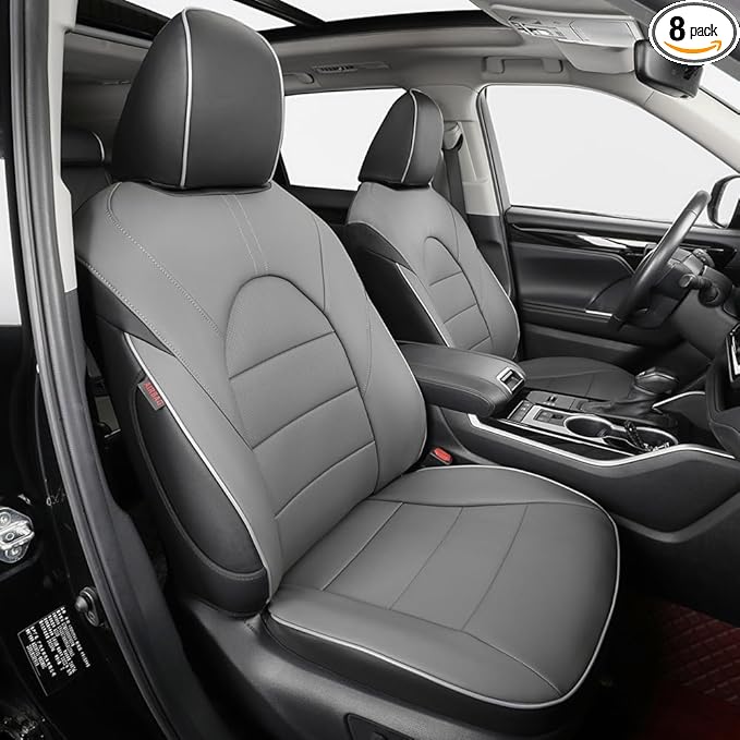 EKR Highlander Seat Covers for SUV Toyota Highlander 2020 2021 2022 2023 2024 2025 2026,2nd Row 40/60 Split,Car Seat Covers Front Seats Back Seat,Leather Seat Covers Full Set-Faux Leather(Black/Gray)