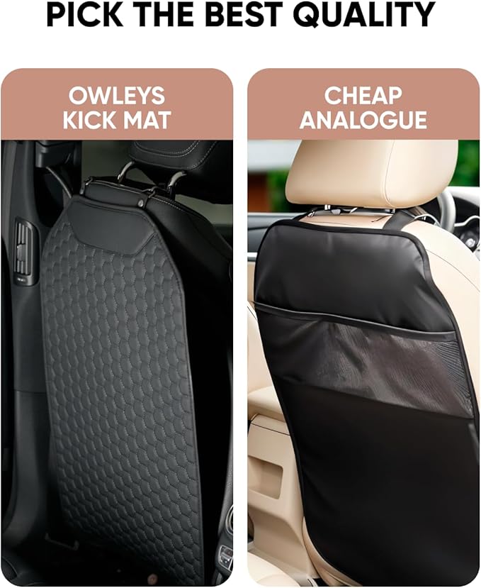 Owleys Kick Mat Back Seat Protector - Car Back Seat Cover for Kids Feet - Waterproof & Sturdy Protector for Upholstery from Dirt, Mud, Scratches and Stain (Black 2 pcs)